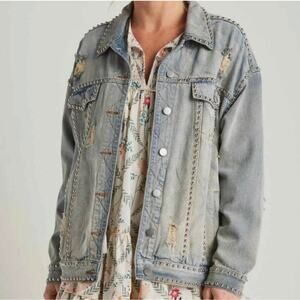 P.O.L. Fantastic Fawn Distressed Studded Seam Denim Jacket NWOT